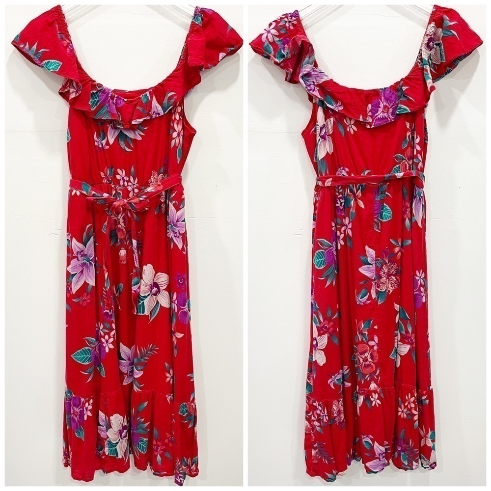 Old Navy Cami Short Sleeve Ruffle Neck Midi Dress Red Floral Belted Cotton Blend